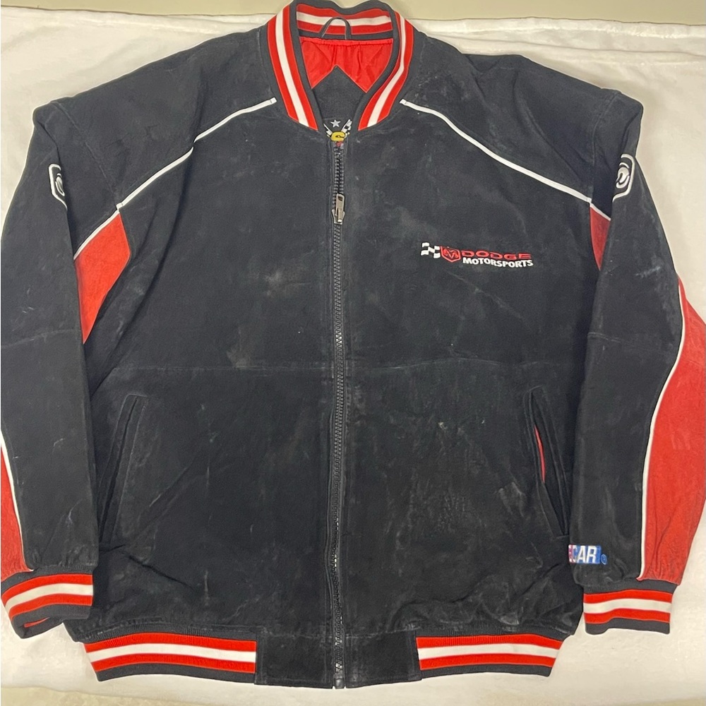 Essex Vintage Nascar Dodge Leather Suede Bomber Jacket Size Large Racing Motors
